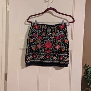 Miami Black Mini Skirt with Vibrant Embroidery. Boho. Size Small.